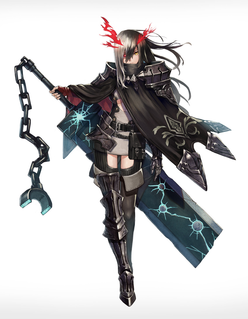 1girl, armored_boots, asymmetrical_gloves, asymmetrical_legwear, belt, belt_pouch, black_hair, boots