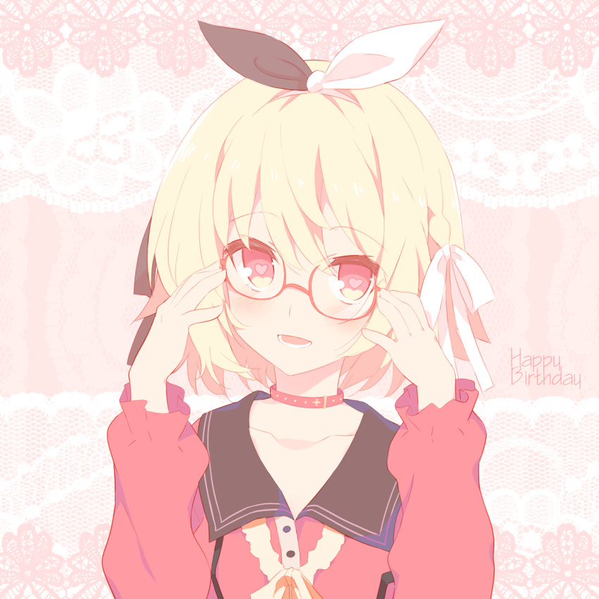 1girl, adjusting_eyewear, arms_up, bangs, blonde_hair, blush, bow, collar
