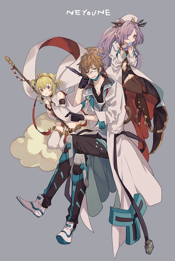 a082, andira_(granblue_fantasy), belt, blonde_hair, boots, brown_eyes, brown_hair, clouds, collared_shirt, detached_sleeves, doctor_(granblue_fantasy), dress, erune, glasses, gloves, gran_(granblue_fantasy), granblue_fantasy, harvin, hat, instrument, labcoat, nio_(granblue_fantasy), nurse_cap, ocarina, pen, pointy_ears, ponytail, purple_hair, red_eyes, shirt, sitting, smile, staff, stethoscope, surgical_mask, thigh-highs, thigh_boots, twintails, violet_eyes