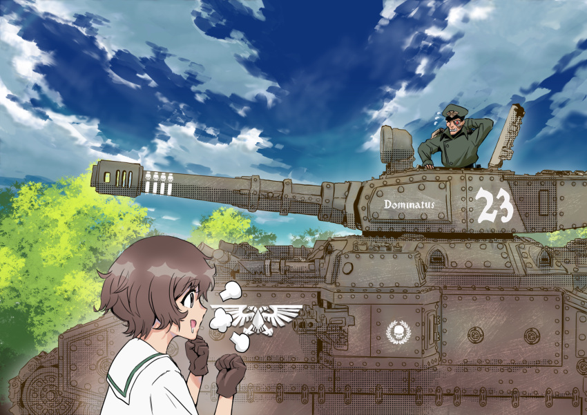 1boy, 1girl, =3, absurdres, akiyama_yukari, artist_request, baneblade, blouse, blue_sky, brown_eyes, brown_gloves, brown_hair, character_request, clenched_hands, clouds, cloudy_sky, commentary, crossover, cybernetic_eye, drooling, girls_und_panzer, gloves, ground_vehicle, hand_behind_head, hat, highres, mechanical_eye, messy_hair, military, military_uniform, military_vehicle, motor_vehicle, neckerchief, ooarai_school_uniform, outdoors, peaked_cap, saliva, school_uniform, serafuku, short_hair, sky, smile, tank, tree, uniform, warhammer_40k, white_blouse