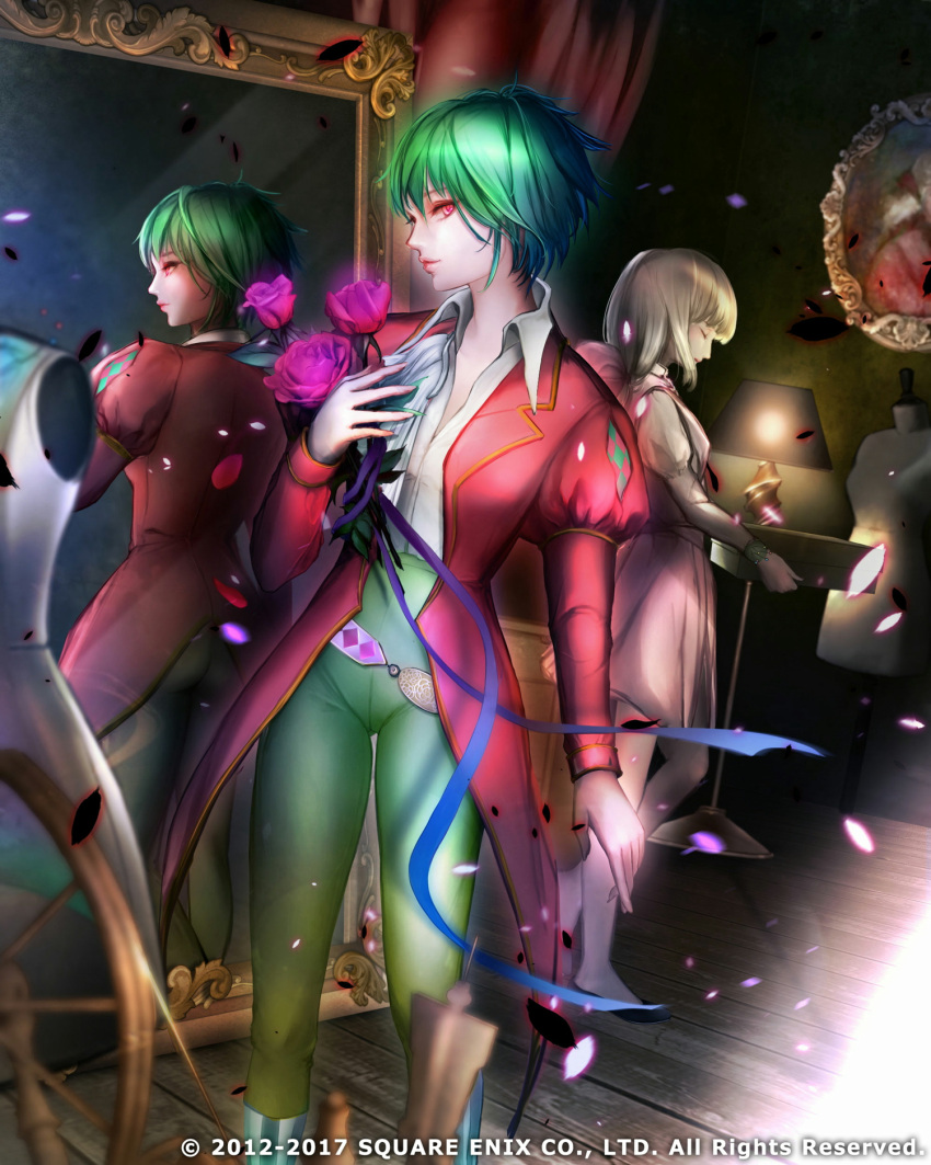 2girls, asellus_(saga_frontier), closed_mouth, commentary_request, dress, emperors_saga, flower, gina, green_hair, highres, kuromori_makoto, long_hair, looking_at_viewer, mannequin, multiple_girls, official_art, red_eyes, red_flower, red_rose, rose, saga, saga_frontier, short_hair, square_enix