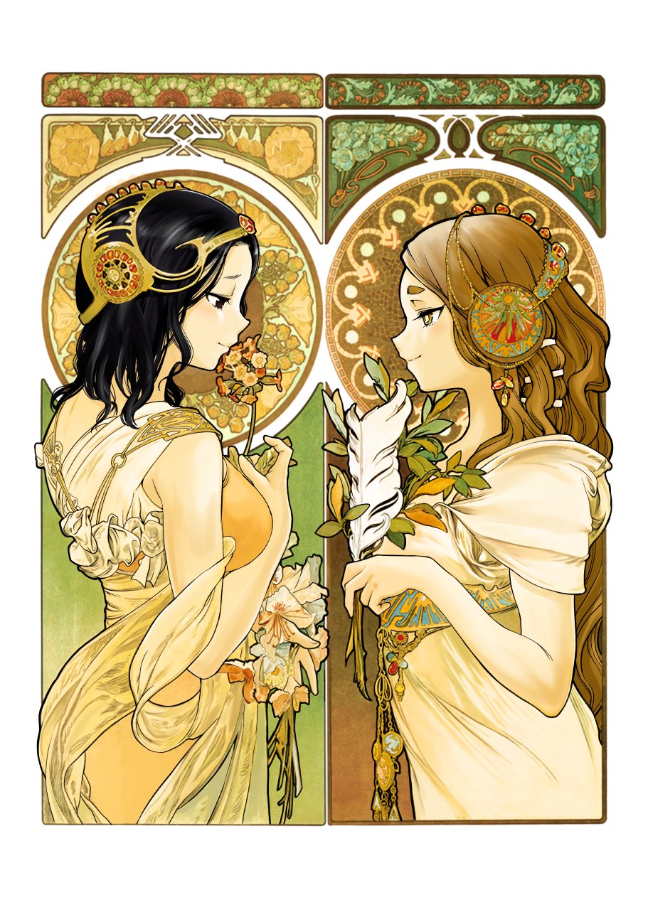 2girls, black_eyes, black_hair, brown_eyes, brown_hair, commentary_request, dress, feathers, fine_art_parody, flower, from_side, hair_ornament, half-closed_eyes, highres, holding, holding_feather, holding_flower, kuroki_yuushin, leaf, long_hair, mona_lisa_(shishunki_renaissance!_david-kun), mosaic_art, multiple_girls, parody, plant, primrose_(flower), shishunki_renaissance!_david-kun, simple_background, smile, venus_(shishunki_renaissance!_david-kun), white_background, white_dress