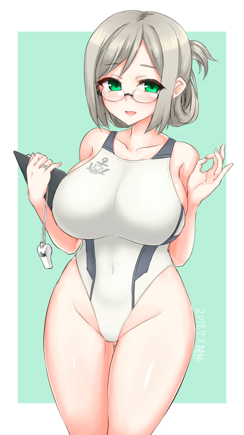 1girl, anchor_symbol, ass_visible_through_thighs, bangs, border, breasts, clipboard, collarbone, commentary_request, competition_swimsuit, cowboy_shot, dakku_(ogitsune), folded_ponytail, green_background, green_eyes, groin, highleg, highleg_swimsuit, highres, kantai_collection, katori_(kantai_collection), large_breasts, looking_at_viewer, one-piece_swimsuit, parted_bangs, rimless_eyewear, silver_hair, smile, solo, standing, swimsuit, two-tone_background, whistle, white_border, white_swimsuit