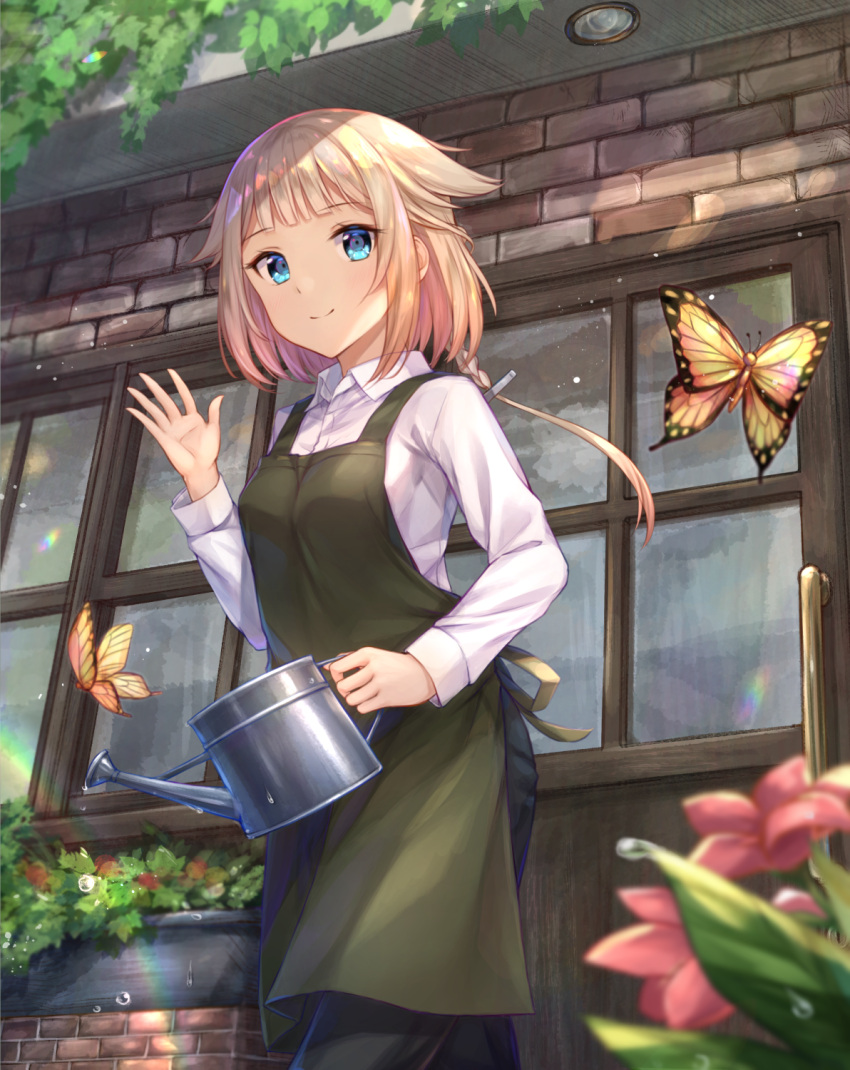 1girl, apron, bangs, blonde_hair, blue_eyes, blurry_foreground, blush, braid