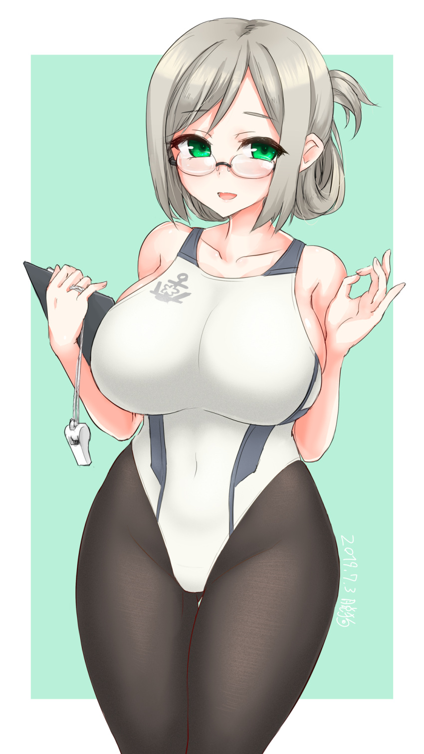 1girl, anchor_symbol, ass_visible_through_thighs, bangs, black_legwear, border, breasts, clipboard