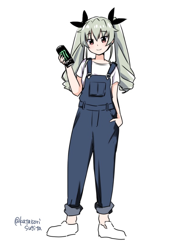 1girl, anchovy, bangs, black_ribbon, can, casual, closed_mouth, commentary