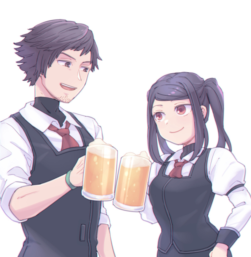 1boy, 1girl, :d, alcohol, beard, beer, beer_mug, black_hair
