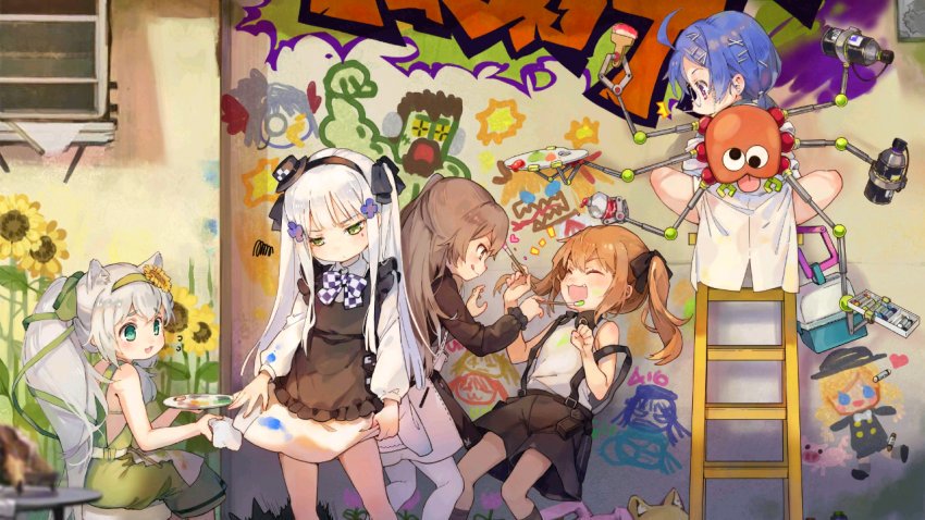 404_(girls_frontline), 5girls, animal_ears, berezovich_kryuger_(girls_frontline), cosplay, g11_(girls_frontline), girls_frontline, graffiti