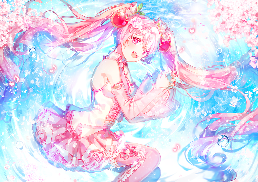 1girl, :d, breasts, cherry, cherry_blossoms, cherry_hair_ornament, commentary, detached_sleeves, eighth_note, eyebrows_visible_through_hair, feet_out_of_frame, fingernails, flower, food, food_themed_hair_ornament, frilled_skirt, frills, fruit, hair_flower, hair_ornament, happy, hatsune_miku, heart, long_hair, looking_at_viewer, lying, musical_note, on_side, open_mouth, partially_submerged, pink_eyes, pink_flower, pink_hair, pink_legwear, pink_nails, pink_skirt, pink_theme, sakura_miku, see-through, shina_(sbk951121), shirt, sideboob, skirt, sleeveless, sleeveless_shirt, small_breasts, smile, solo, sparkle, submerged, symbol_commentary, teeth, thigh-highs, twintails, upper_teeth, very_long_hair, vocaloid, water, water_drop