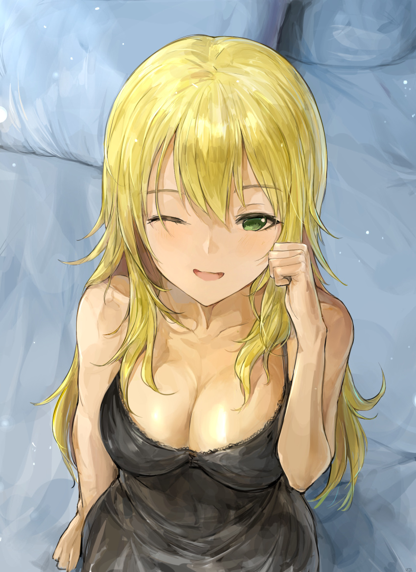1girl, :d, arm_up, bangs, bare_arms, bed, bed_sheet, blonde_hair