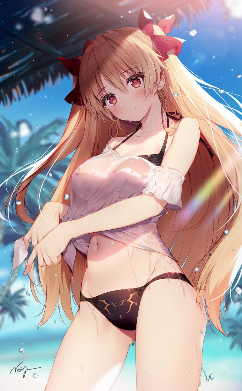 1girl, bikini, bikini_day, black_bikini, blonde_hair, blurry, blush, closed_mouth