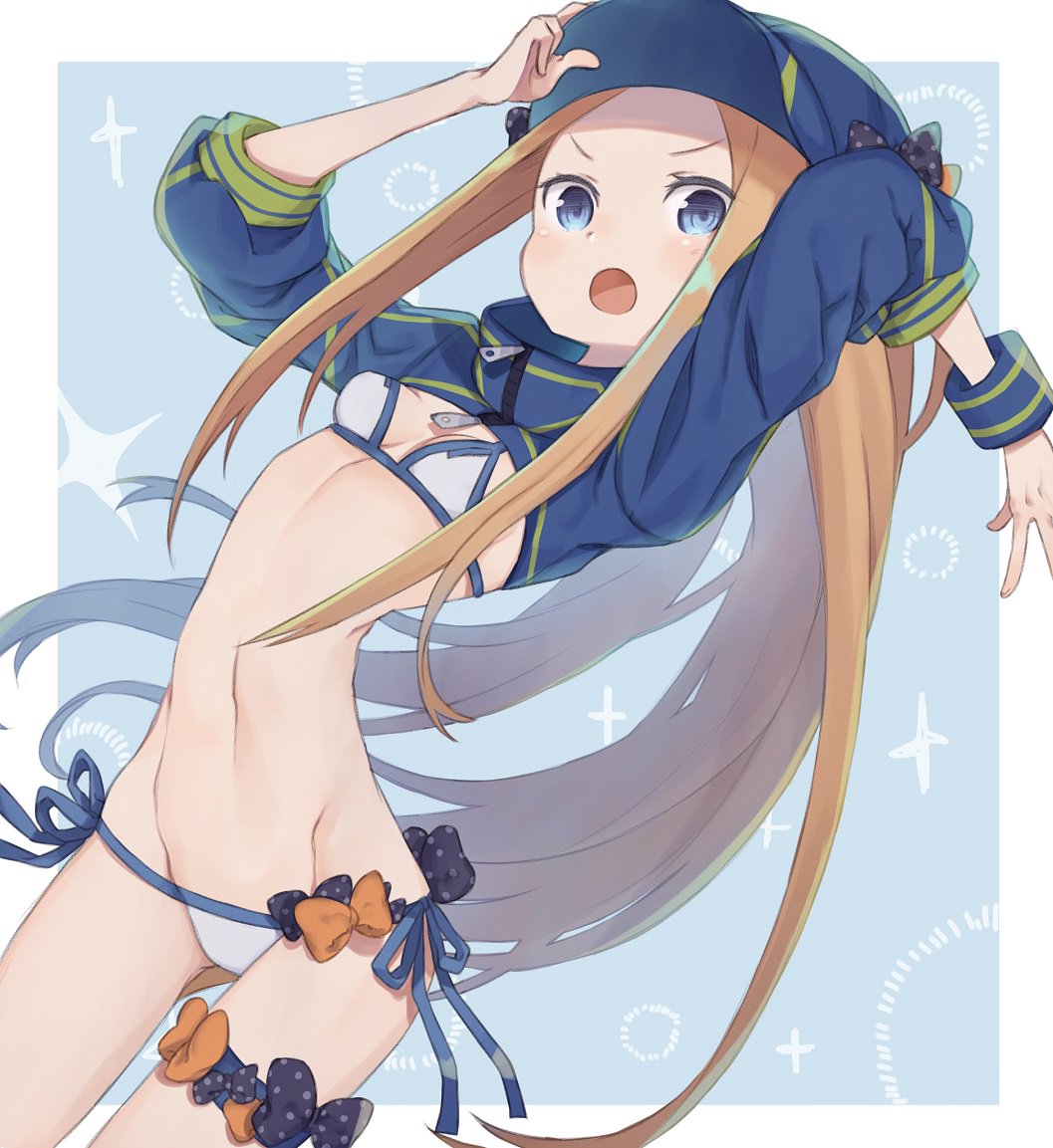 1girl, abigail_williams_(fate/grand_order), artoria_pendragon_(all), bangs, baseball_cap, black_bow, bow, bra, cosplay, fate/grand_order, fate_(series), hat, jacket, long_hair, mysterious_heroine_x, mysterious_heroine_x_(cosplay), orange_bow, panties, parted_bangs, polka_dot, polka_dot_bow, swimsuit, totatokeke, underwear, very_long_hair, white_bra, white_panties
