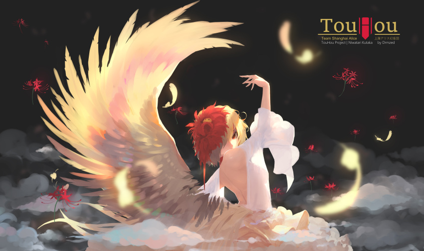 1girl, absurdres, alternate_costume, arm_up, artist_name, backless_dress, backless_outfit, bangs, bare_back, bare_shoulders, black_background, blonde_hair, breasts, character_name, chinese_commentary, commentary_request, copyright_name, dress, drmzed, feathered_wings, feathers, flower, fog, from_behind, hair_over_one_eye, highres, long_sleeves, looking_at_viewer, looking_back, medium_breasts, multicolored_hair, niwatari_kutaka, off-shoulder_dress, off_shoulder, red_eyes, red_flower, redhead, see-through_silhouette, short_hair, simple_background, solo, tail_feathers, touhou, two-tone_hair, upper_body, white_dress, wide_sleeves, wings, yellow_wings
