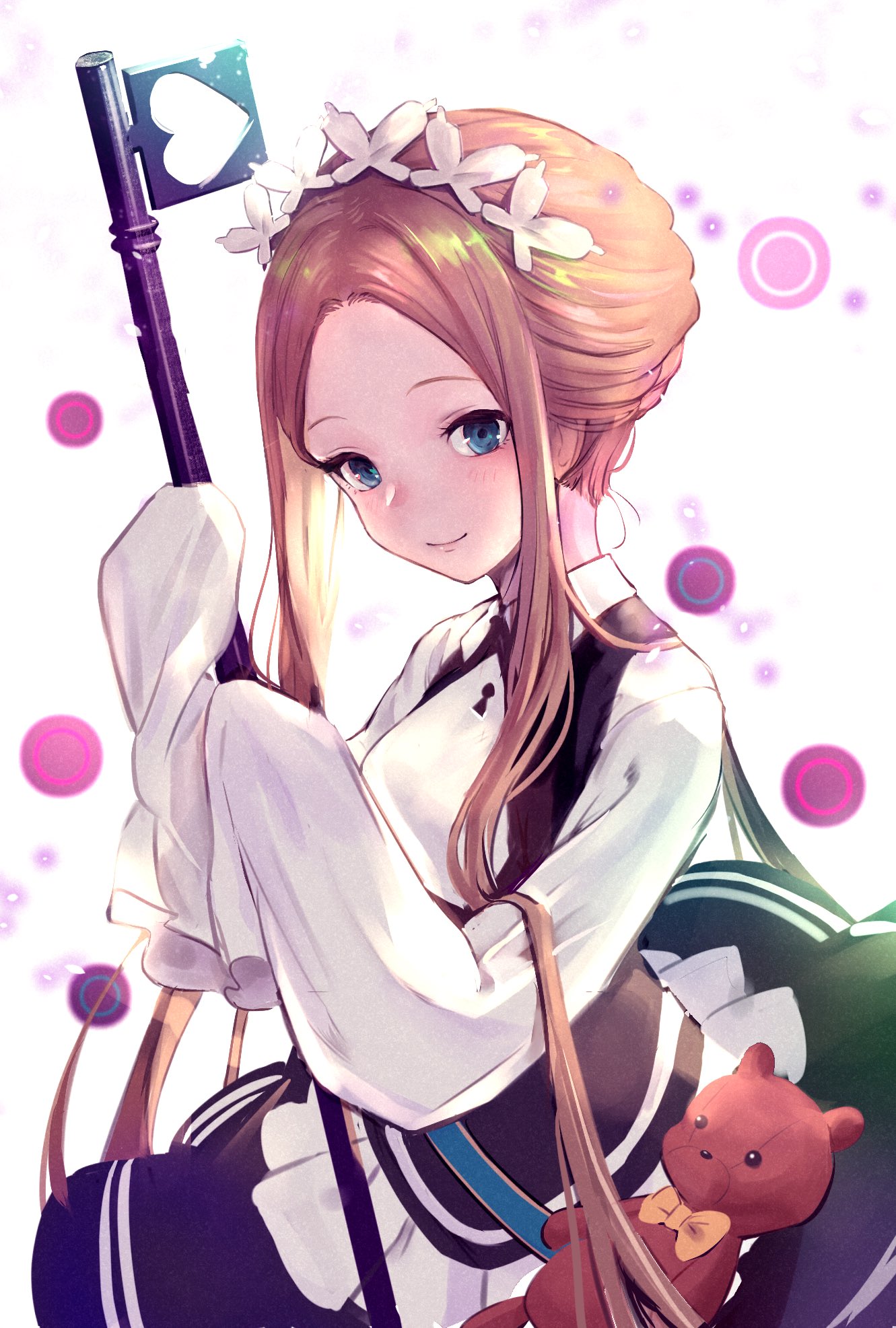 1girl, abigail_williams_(fate/grand_order), apron, bangs, black_skirt, blonde_hair, blue_eyes, bow