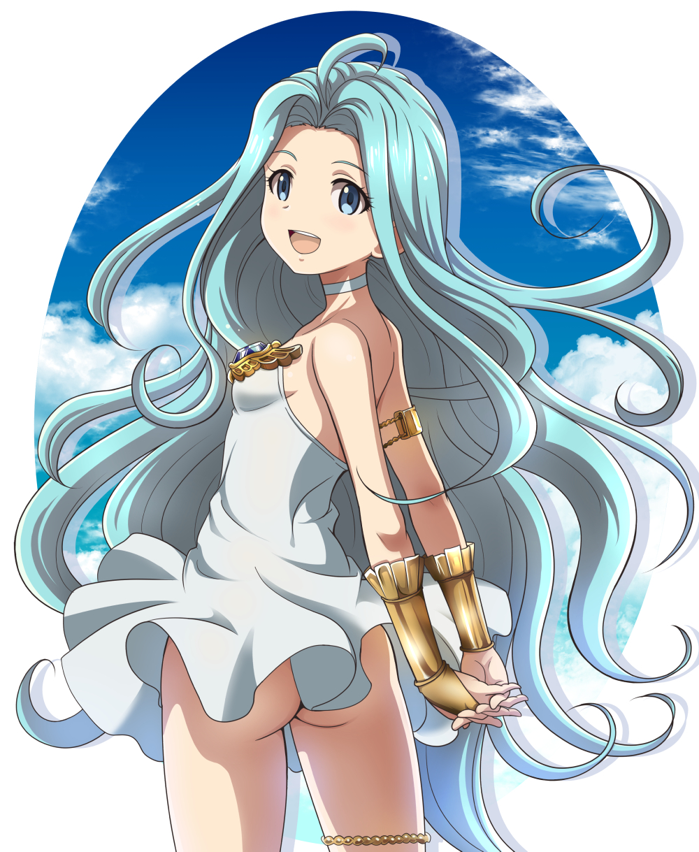 1girl, :d, ahoge, arms_behind_back, ass, blue_eyes, blue_hair, breasts, bridal_gauntlets, choker, cowboy_shot, dress, floating_hair, from_behind, granblue_fantasy, hanzou, highres, interlocked_fingers, long_hair, looking_back, lyria_(granblue_fantasy), nipples, no_panties, open_mouth, shiny, shiny_hair, short_dress, sleeveless, sleeveless_dress, small_breasts, smile, solo, standing, strapless, strapless_dress, thighlet, very_long_hair, white_background, white_dress