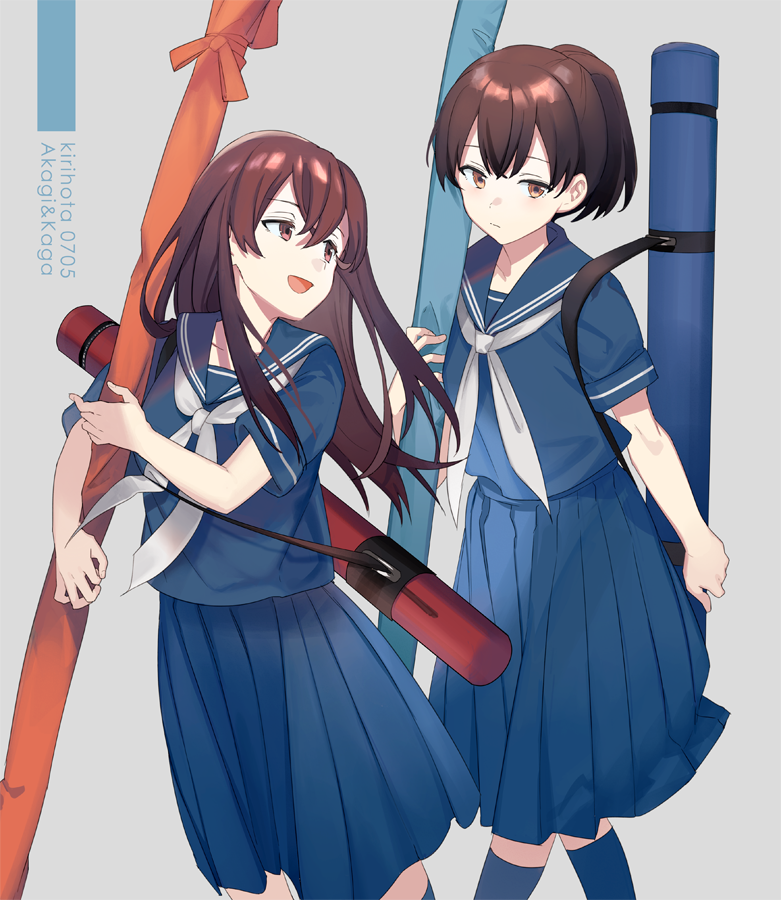 2girls, akagi_(kantai_collection), bag, bangs, black_skirt, brown_eyes, brown_hair, case