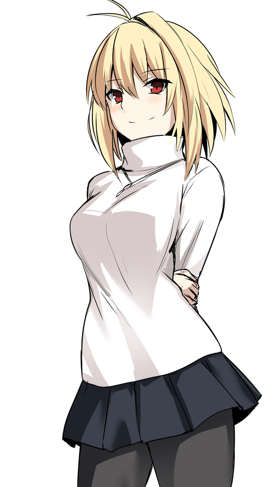 1girl, antenna_hair, arcueid_brunestud, arms_behind_back, bangs, black_legwear, black_skirt, blonde_hair