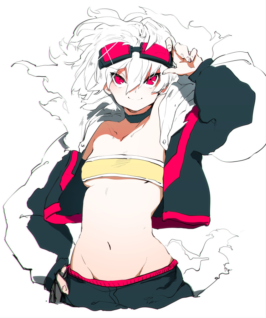 1girl, absurdres, adjusting_goggles, arm_up, bandeau, black_jacket, bra, breasts