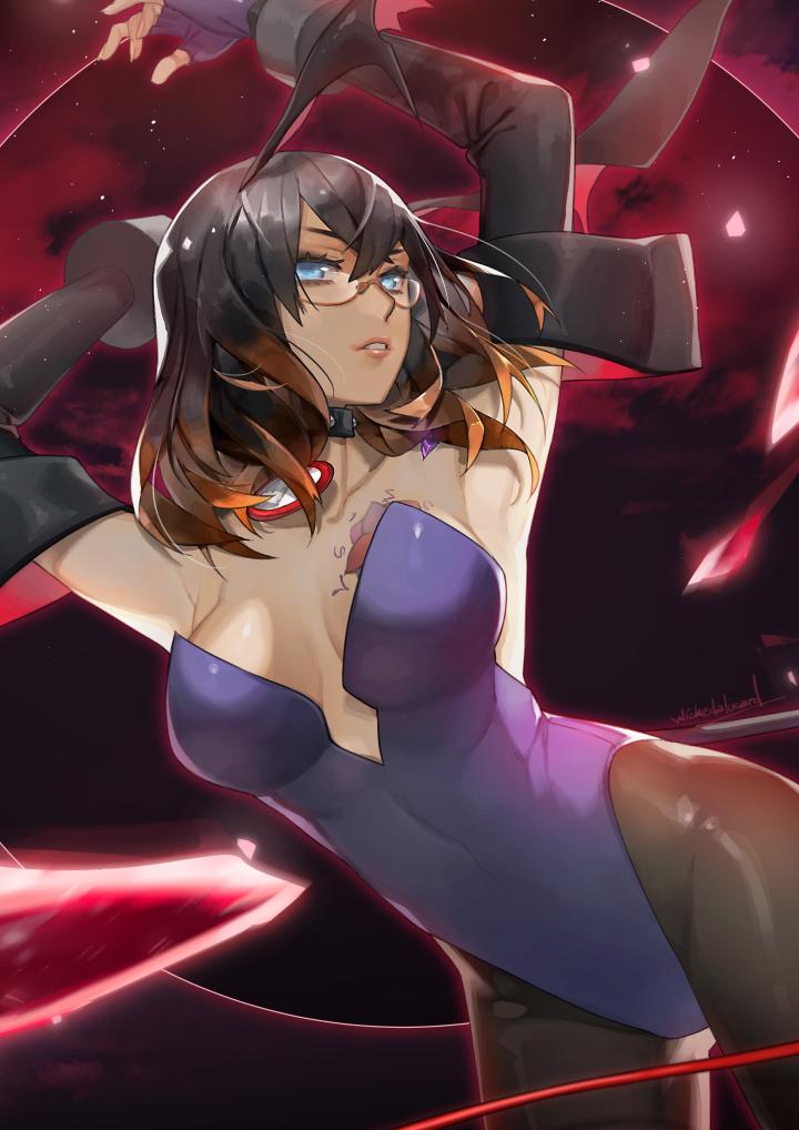 1girl, animal_ears, bare_shoulders, black_hair, bloodstained:_ritual_of_the_night, blue_eyes, breasts, brown_hair