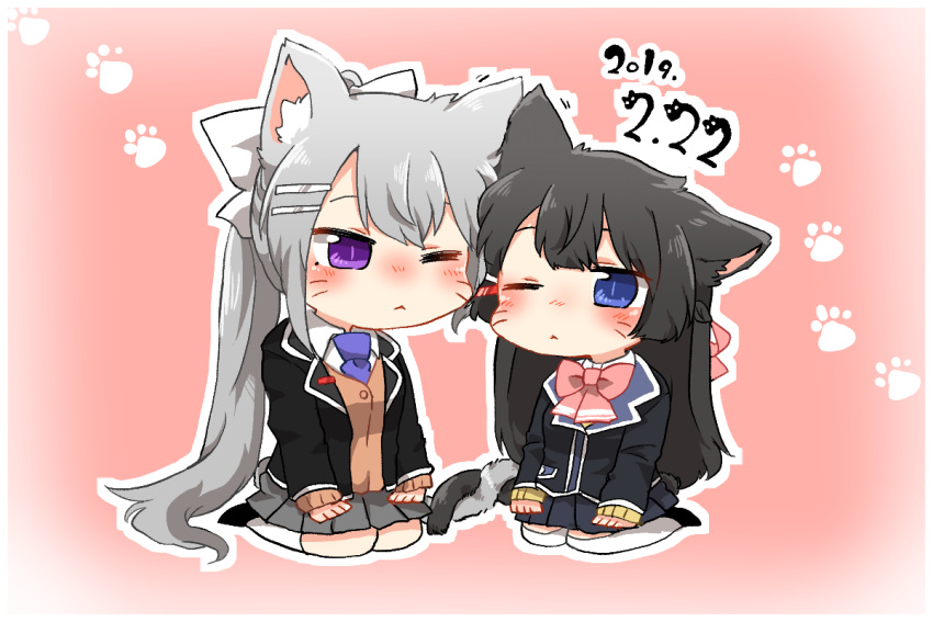 2girls, :<, animal_ears, bangs, black_hair, black_jacket, blazer, blue_eyes