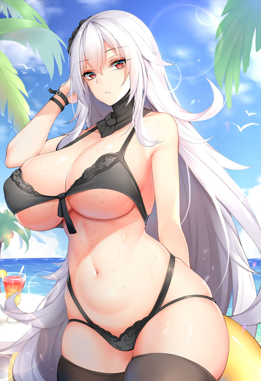 1girl, absurdres, azur_lane, bangs, bare_shoulders, beach, bikini, bird