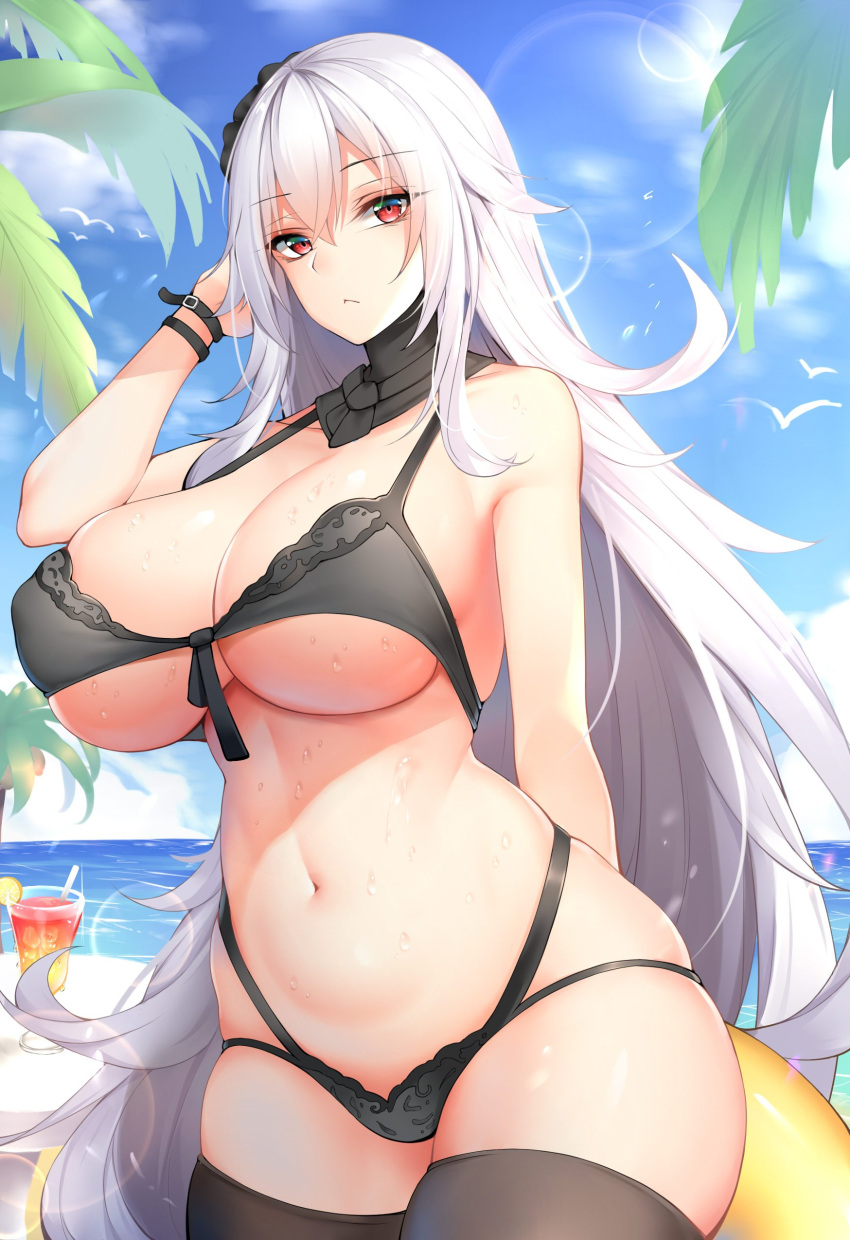 1girl, absurdres, azur_lane, bangs, bare_shoulders, beach, bikini, bird