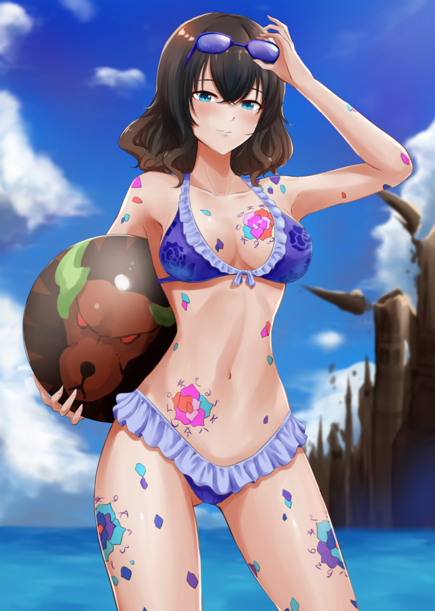 1girl, ball, bikini, black_hair, bloodstained:_ritual_of_the_night, blue_eyes, breasts, brown_hair