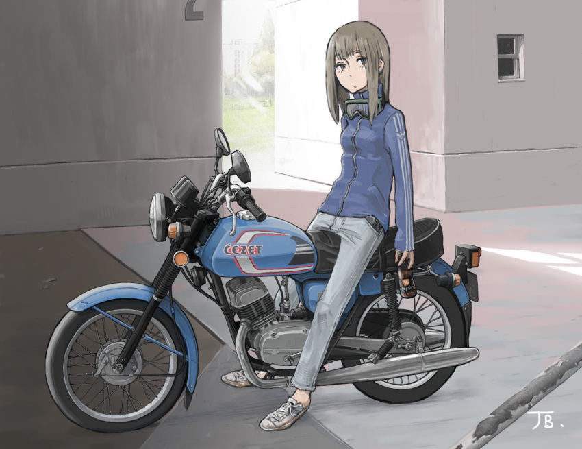 1girl, adidas, artist_name, bangs, blue_jacket, blunt_bangs, bottle, breasts