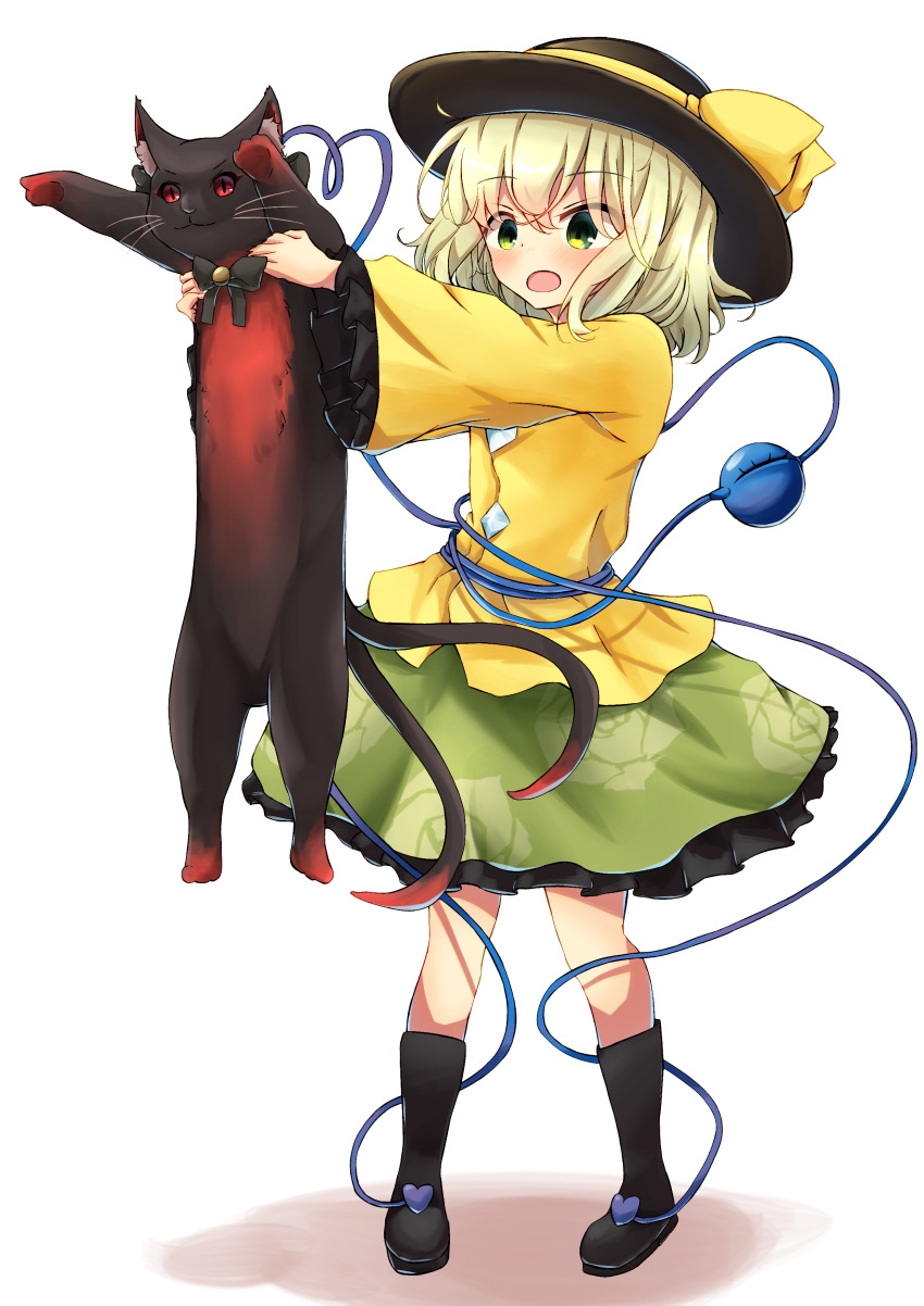 :o, absurdres, arms_up, black_footwear, black_headwear, blonde_hair, blouse, blush, boots, cat, eyebrows_visible_through_hair, floral_print, frilled_skirt, frilled_sleeves, frills, full_body, green_eyes, green_skirt, hair_between_eyes, hat, hat_ribbon, heart, heart_of_string, highres, holding, holding_cat, kaenbyou_rin, kaenbyou_rin_(cat), komeiji_koishi, lifting, long_sleeves, longcat, open_mouth, outstretched_arms, petticoat, ribbon, rose_print, sachisudesu, shadow, short_hair, simple_background, skirt, standing, third_eye, touhou, white_background, yellow_blouse