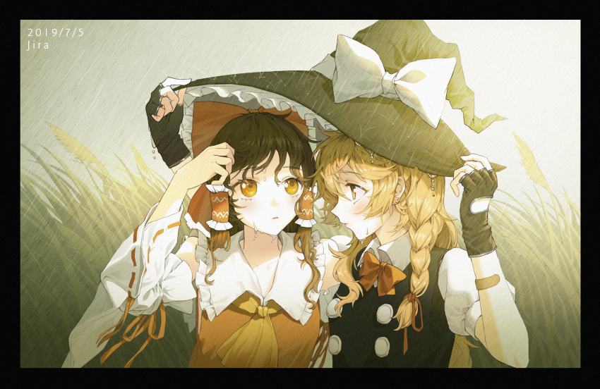 2girls, absurdres, arms_up, artist_name, bandaid, bandaid_on_arm, black_border, black_gloves, blonde_hair, blush, border, bow, braid, brown_hair, chinese_commentary, commentary_request, cravat, dated, detached_sleeves, expressionless, eye_contact, eyebrows_visible_through_hair, fingerless_gloves, gloves, grass, hair_between_eyes, hair_bow, hair_tubes, hakurei_reimu, hand_in_hair, hand_on_headwear, hat, hat_ribbon, highres, jira, kirisame_marisa, long_hair, looking_at_another, multiple_girls, orange_eyes, outdoors, overcast, parted_lips, puffy_short_sleeves, puffy_sleeves, rain, red_vest, ribbon, ribbon-trimmed_sleeves, ribbon_trim, shared_hat, shirt, short_sleeves, sidelocks, single_braid, touhou, upper_body, very_long_hair, vest, water_drop, wet, wet_hair, white_shirt, witch_hat, yellow_neckwear, yuri