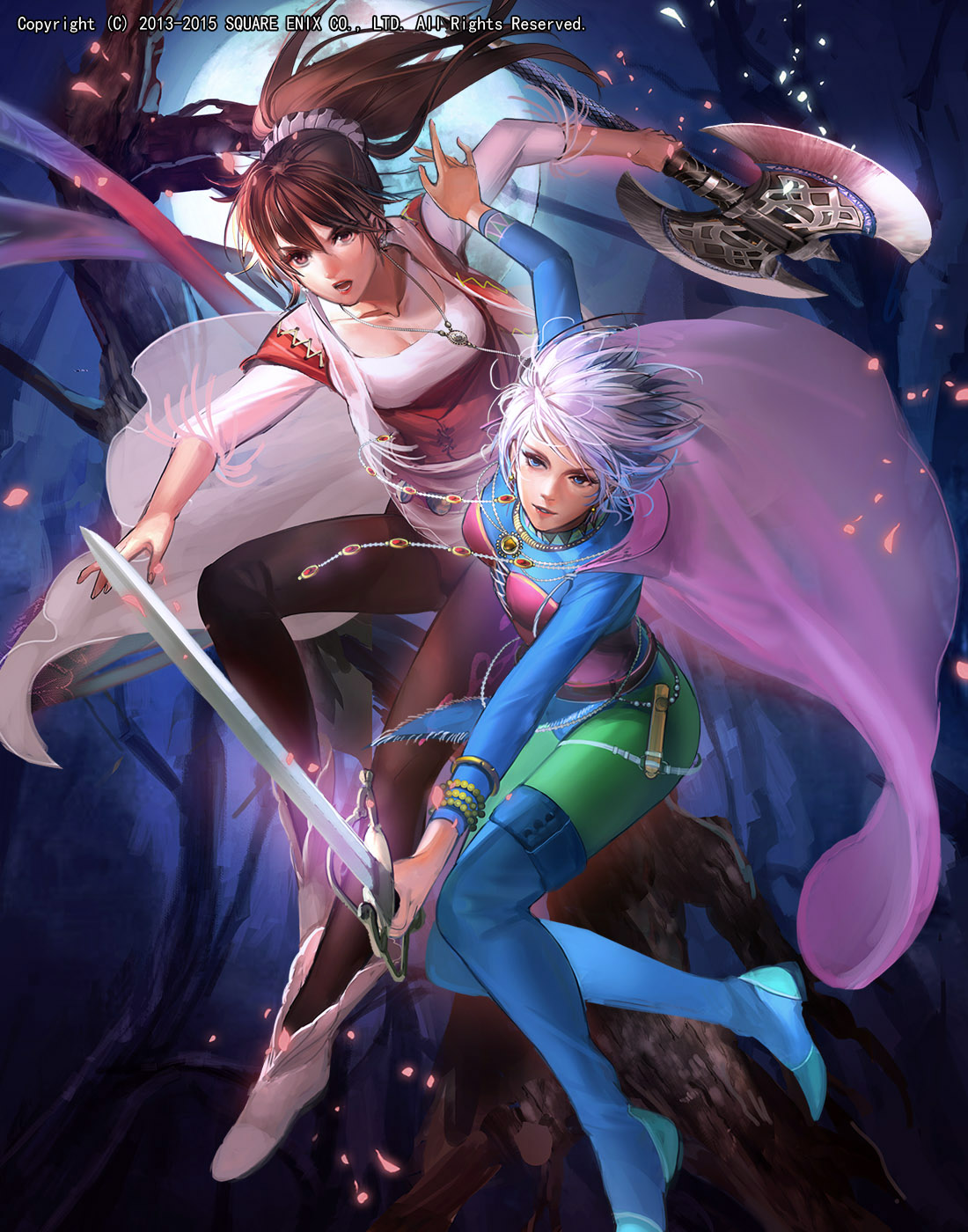 2girls, axe, boots, breasts, brown_eyes, brown_hair, cape, commentary_request