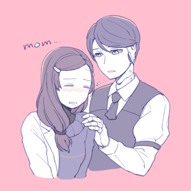 1boy, 1girl, android, betty_(va-11_hall-a), black_hair, blush, brown_hair, closed_eyes