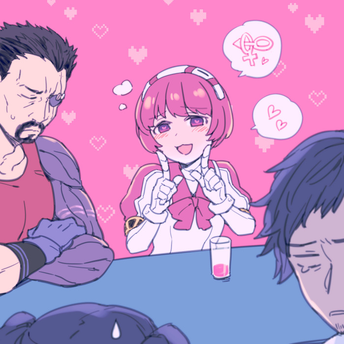 2boys, 2girls, :d, android, beard, blush, cup, dorothy_haze