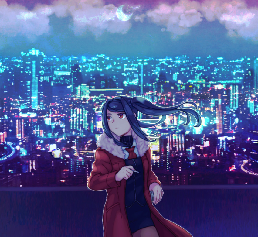 1girl, black_hair, black_legwear, cigarette, city, clouds, coat, crescent_moon