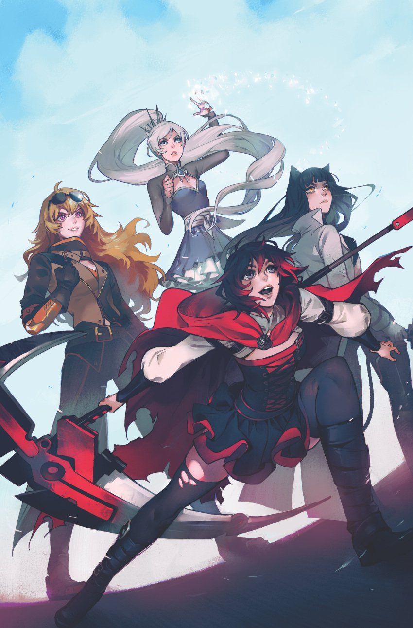 4girls, absurdres, ahoge, animal_ears, belt, black_footwear, black_gloves, black_hair, black_legwear, blake_belladonna, blonde_hair, blue_eyes, blue_sky, boots, buckle, cape, cat_ears, corset, crescent_rose, cropped_jacket, dc_comics, dress, frilled_dress, frills, gloves, gradient_hair, grey_eyes, high_collar, highres, huge_filesize, long_hair, long_sleeves, mirka_andolfo, multicolored_hair, multiple_girls, official_art, petticoat, ponytail, prosthesis, prosthetic_arm, red_cape, redhead, ruby_rose, rwby, scythe, short_hair, side_ponytail, sky, sparkle, thigh-highs, tiara, two-tone_hair, violet_eyes, wavy_hair, weiss_schnee, white_coat, white_hair, yang_xiao_long, yellow_eyes