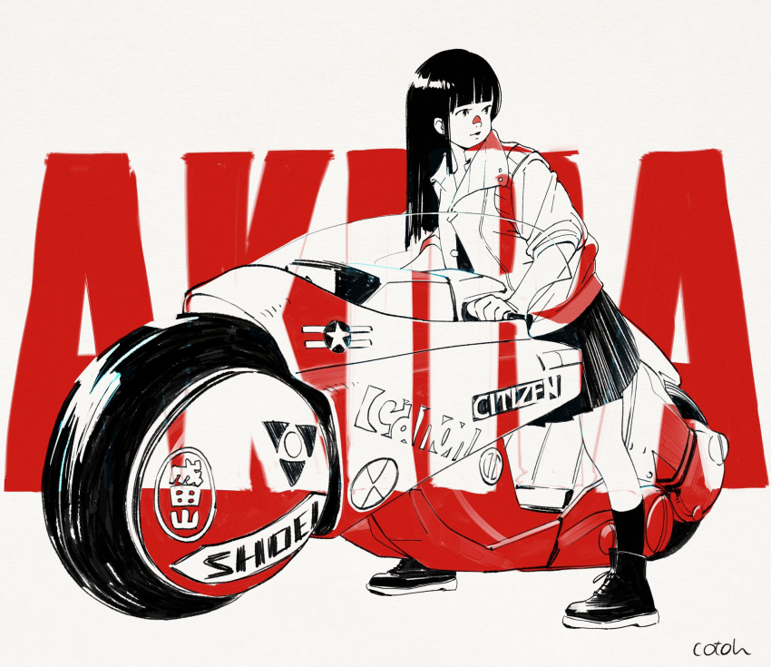 1girl, akira, black_hair, commentary_request, copyright_name, cotoh_tsumi, ground_vehicle, highres