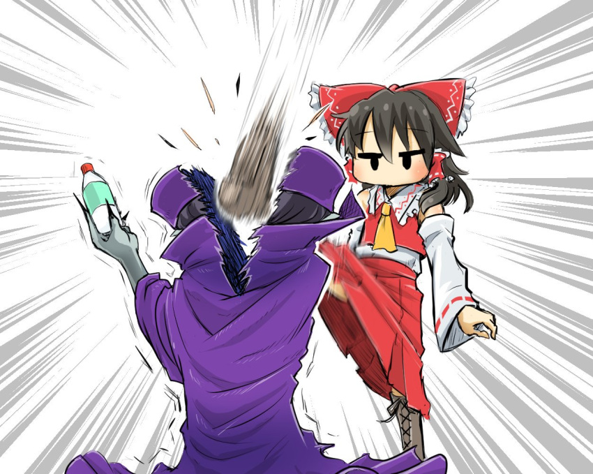 1boy, 1girl, ascot, bare_shoulders, boots, bottle, bottle_cap_challenge, bow, brown_hair, chamaji, check_commentary, commentary, commentary_request, cross-laced_footwear, cutting, detached_sleeves, emphasis_lines, eyebrows_visible_through_hair, fingernails, fortune_teller_(touhou), frills, grey_skin, hair_between_eyes, hair_bow, hair_tubes, hakurei_reimu, hat, jitome, kicking, lace-up_boots, nontraditional_miko, pointy_ears, robe, sharp_fingernails, short_hair, simple_background, skirt, skirt_set, solid_oval_eyes, touhou, trembling, water_bottle, white_background, wide_sleeves