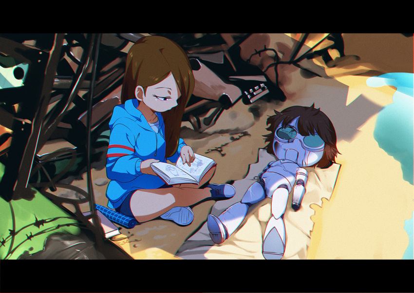 1girl, book, borrowed_character, broken, chromatic_aberration, hair_over_one_eye, indian_style, jcm2