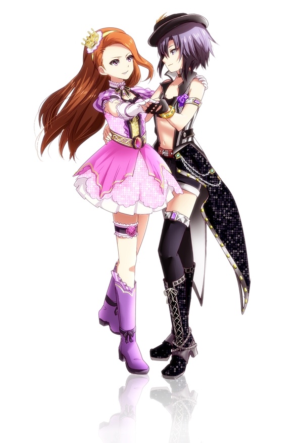 2girls, arm_strap, black_footwear, black_gloves, black_hair, black_headwear, black_legwear, black_shorts, boots, brown_eyes, brown_hair, closed_mouth, collarbone, crop_top, dancing, eye_contact, fingerless_gloves, full_body, gloves, hair_ornament, hairband, hand_on_another's_shoulder, hat, holding_hands, idolmaster, idolmaster_(classic), kaho_(ramb), kikuchi_makoto, knee_boots, long_hair, looking_at_another, midriff, minase_iori, miniskirt, multiple_girls, navel, pink_skirt, purple_footwear, shiny, shiny_hair, short_hair, short_shorts, shorts, simple_background, skirt, smile, standing, stomach, thigh-highs, thigh_strap, very_long_hair, white_background, white_gloves, yellow_hairband, zettai_ryouiki