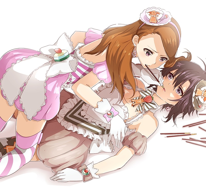 2girls, arm_strap, black_hair, brown_eyes, brown_hair, eye_contact, food, gloves