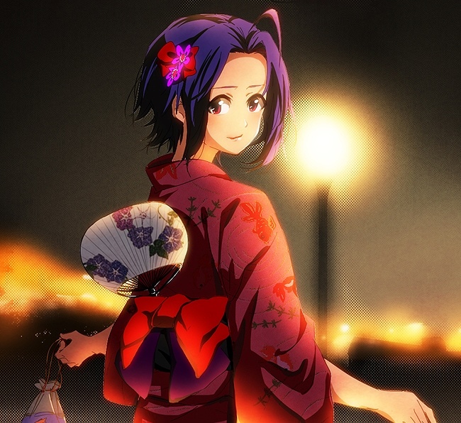 1girl, ahoge, blue_hair, bow, brown_eyes, closed_mouth, fan, holding