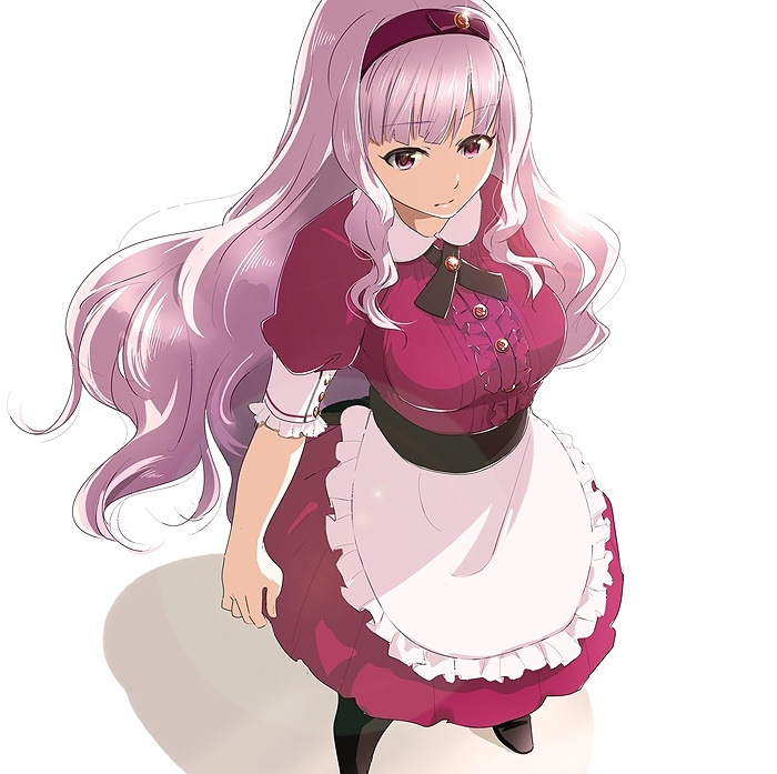 1girl, apron, bangs, black_legwear, black_ribbon, brown_eyes, closed_mouth, dress_shirt
