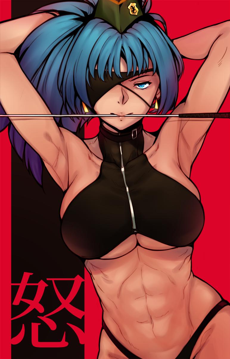 1girl, abs, armpits, arms_behind_head, arms_up, bloopiest, blue_eyes, blue_hair