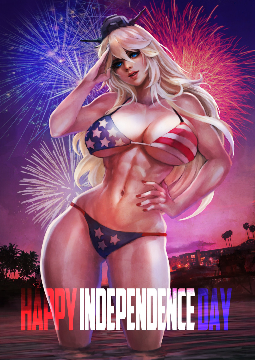 abs, absurdres, american_flag_bikini, bikini, blonde_hair, blue_eyes, fireworks, flag_print