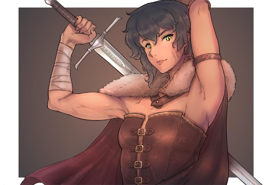 1girl, arm_up, armpits, bandaged_arm, bandages, black_hair, bloopiest, breasts, cape, carina_(bloopiest), facial_scar, green_eyes, original, pathfinder, scar, scar_on_cheek, short_hair, slit_pupils, small_breasts, smile, solo, sword, toned, upper_body, weapon