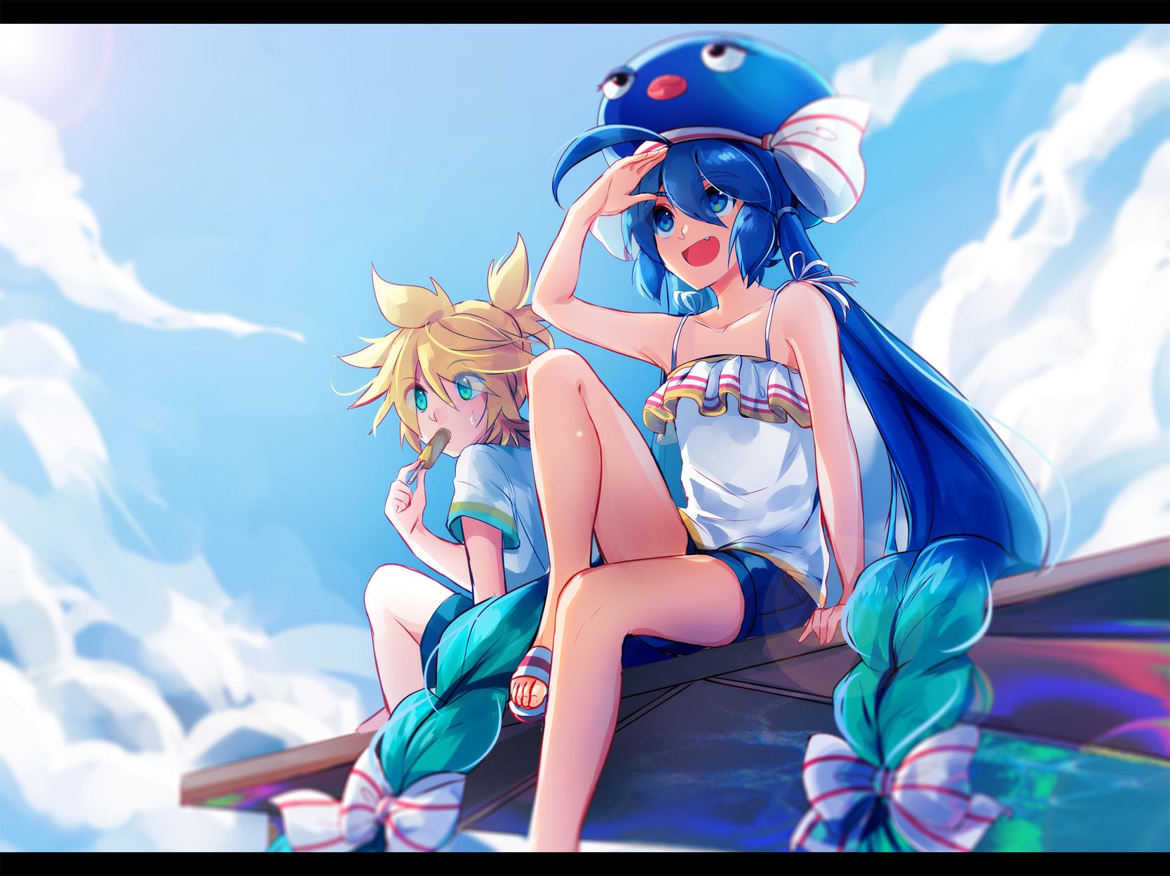 1boy, 1girl, :d, absurdly_long_hair, ahoge, bare_shoulders, blonde_hair, blue_eyes