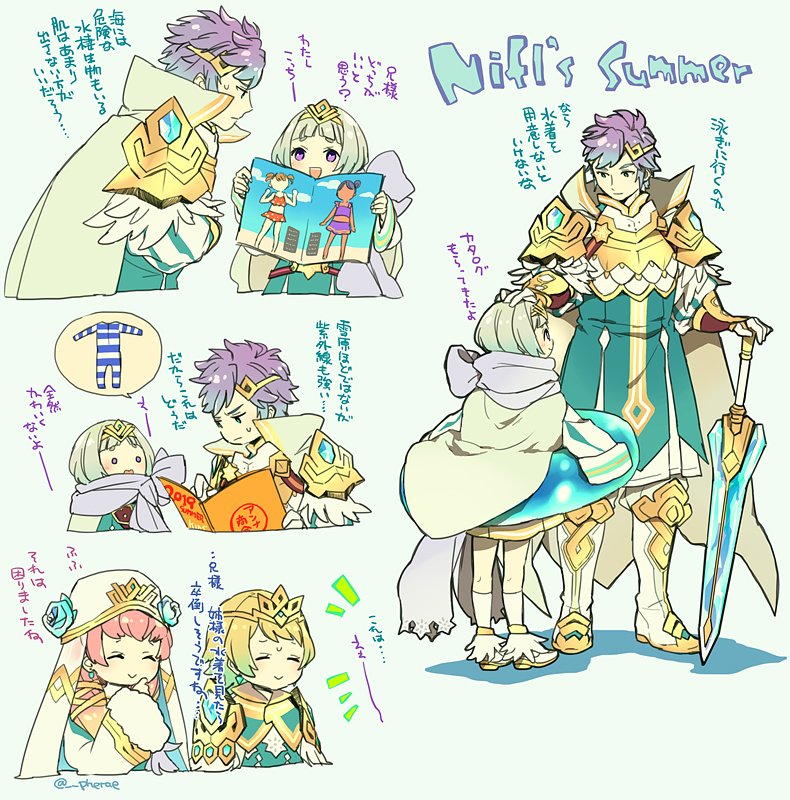 1boy, 3girls, blonde_hair, blue_hair, brother_and_sister, cape, closed_eyes, closed_mouth