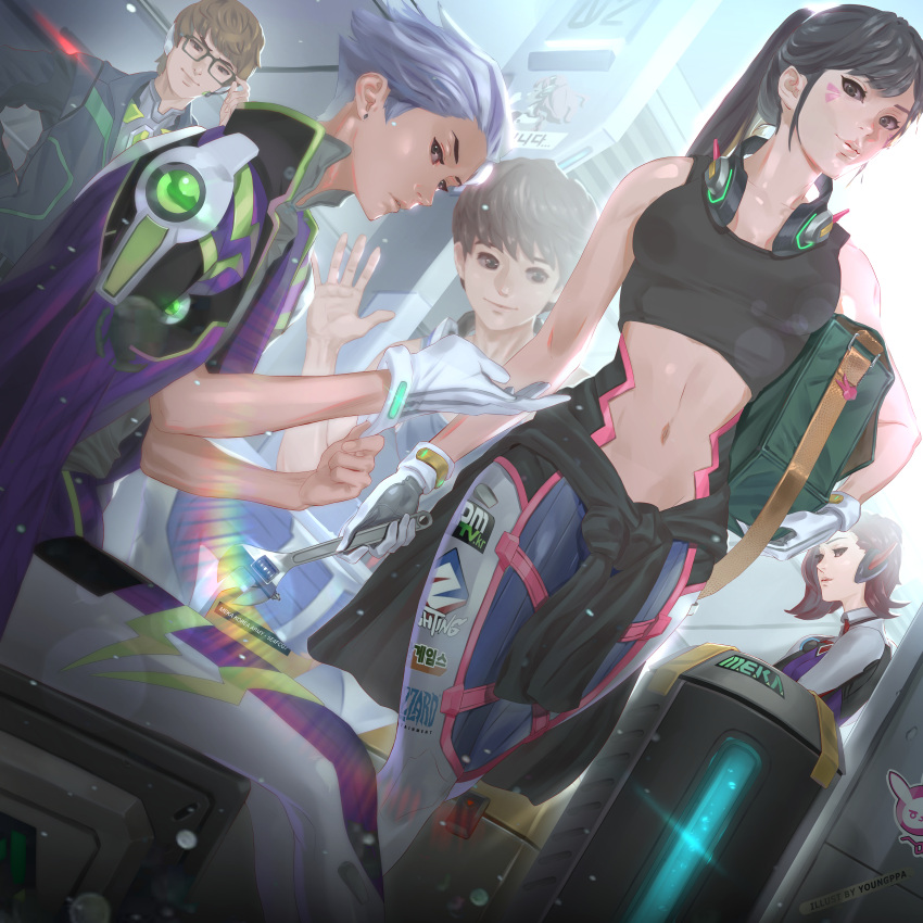 2girls, 3boys, absurdres, adjusting_clothes, adjusting_gloves, alternate_hairstyle, backlighting, black_hair