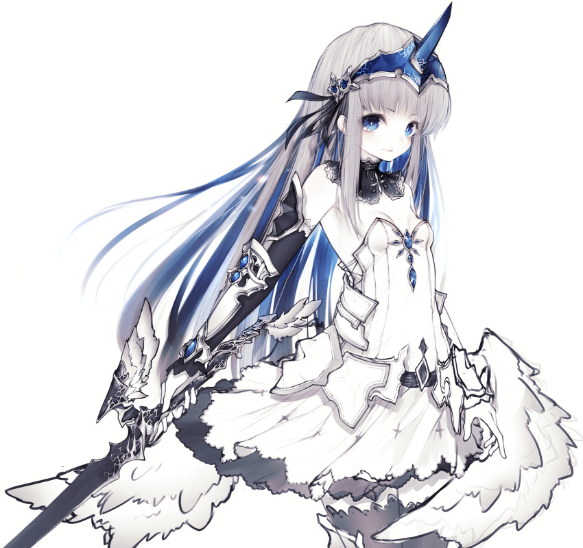 1girl, absurdres, bangs, blue_eyes, breasts, commentary_request, crystar, dress