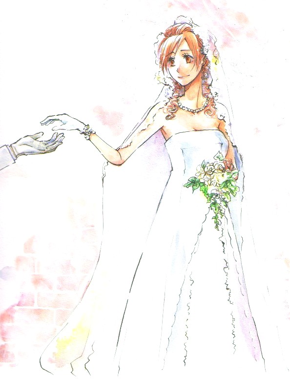 bouquet, bouquets, bridal_veil, bride, dress, flower, gloves, inoue_orihime, jewelry, necklace, orange_eyes, orange_hair, veil, wedding_dress